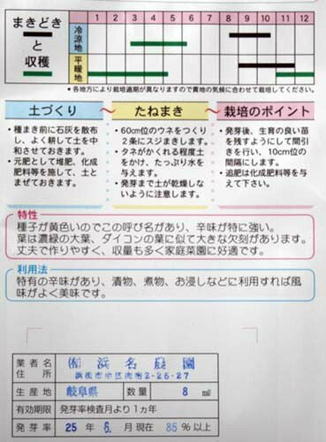 【秋蒔き野菜】在来固定種野菜の種「黄からし菜」8ml〔約2000粒〕畑懐〔はふう〕