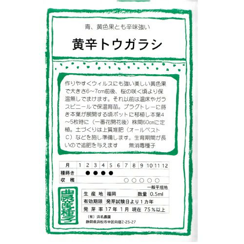 在来種/固定種/野菜の種「黄辛とうがらし」0.5ml約40粒/畑懐〔はふう〕
